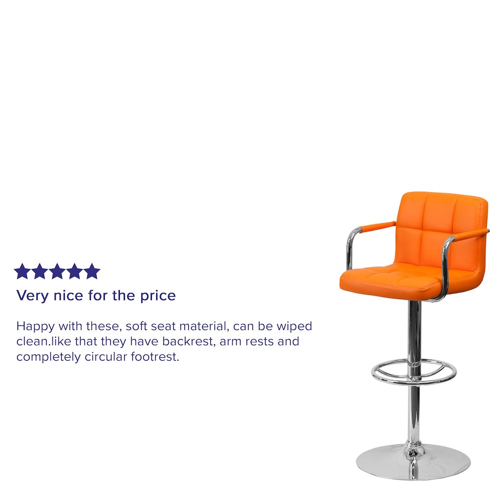 Orange Quilted Vinyl Adjustable Height Barstool with Arms and Chrome Base. Picture 4
