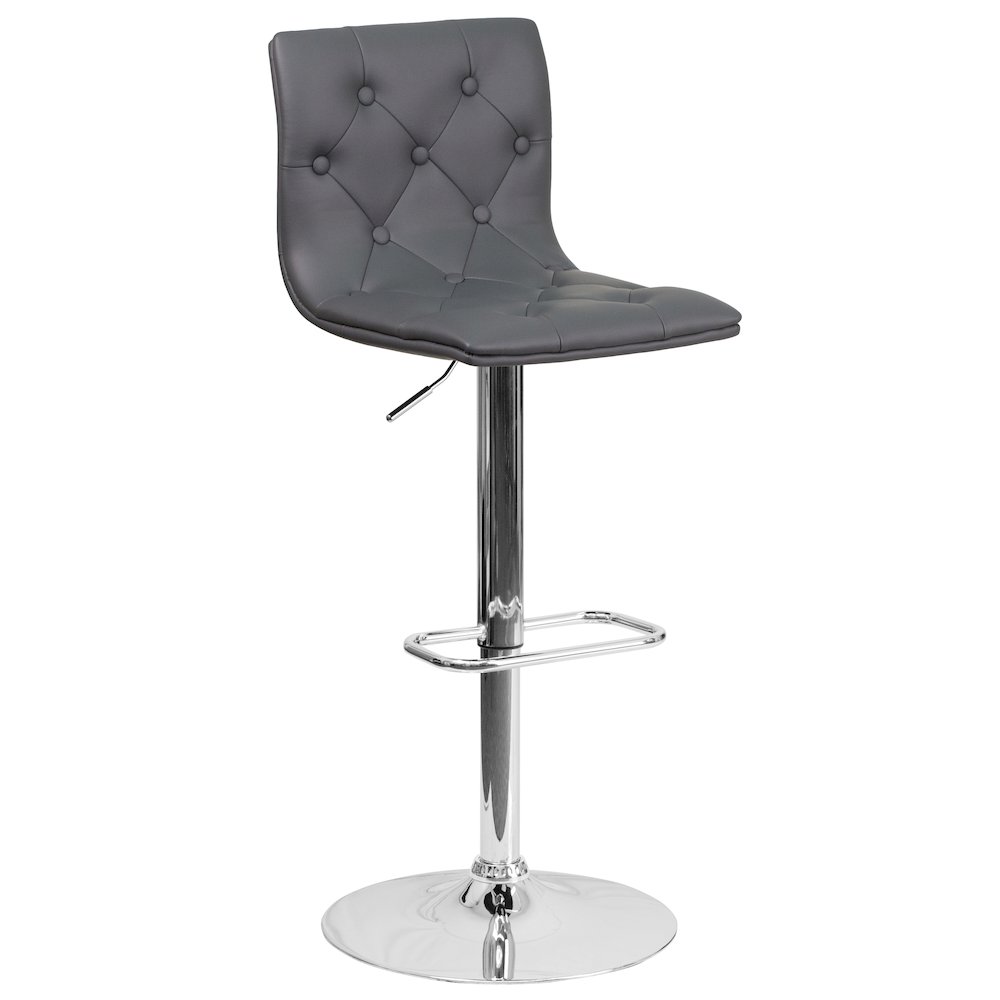 Button Tufted Gray Vinyl Adjustable Height Barstool with Chrome Base. Picture 1