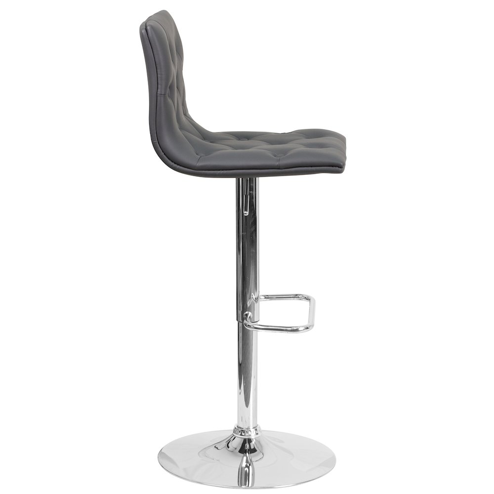 Button Tufted Gray Vinyl Adjustable Height Barstool with Chrome Base. Picture 9