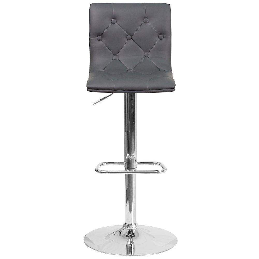 Button Tufted Gray Vinyl Adjustable Height Barstool with Chrome Base. Picture 10