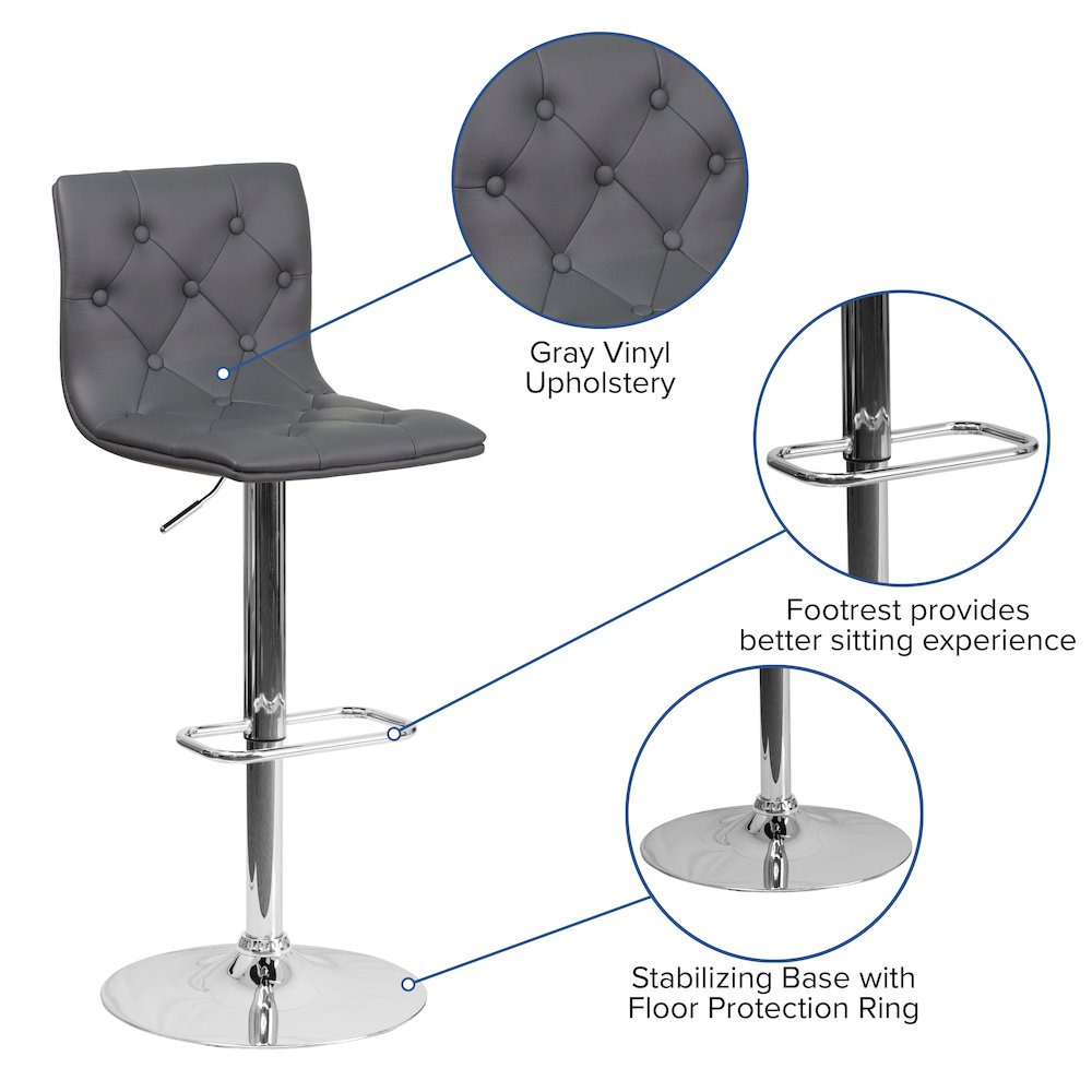 Button Tufted Gray Vinyl Adjustable Height Barstool with Chrome Base. Picture 5