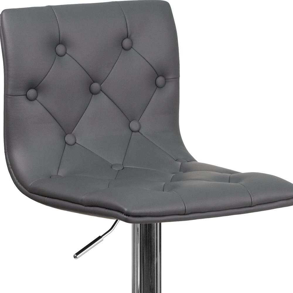 Button Tufted Gray Vinyl Adjustable Height Barstool with Chrome Base. Picture 8