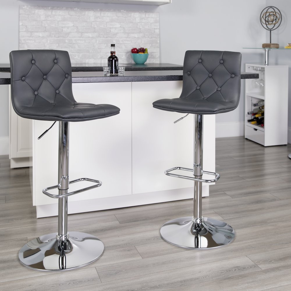 Button Tufted Gray Vinyl Adjustable Height Barstool with Chrome Base. Picture 2