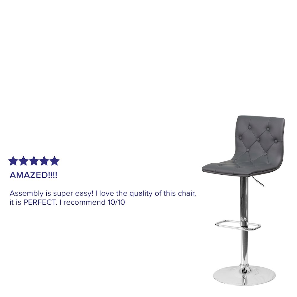 Button Tufted Gray Vinyl Adjustable Height Barstool with Chrome Base. Picture 4