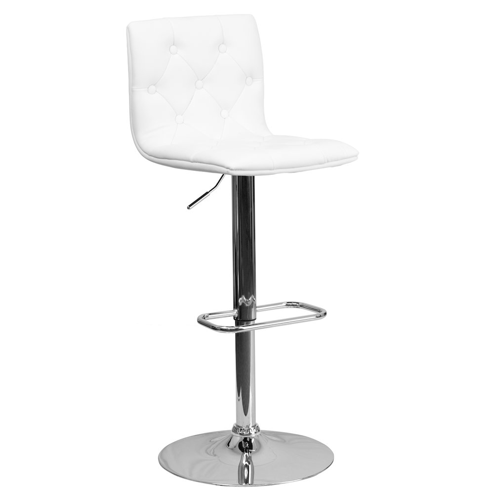 Button Tufted White Vinyl Adjustable Height Barstool with Chrome Base. Picture 1