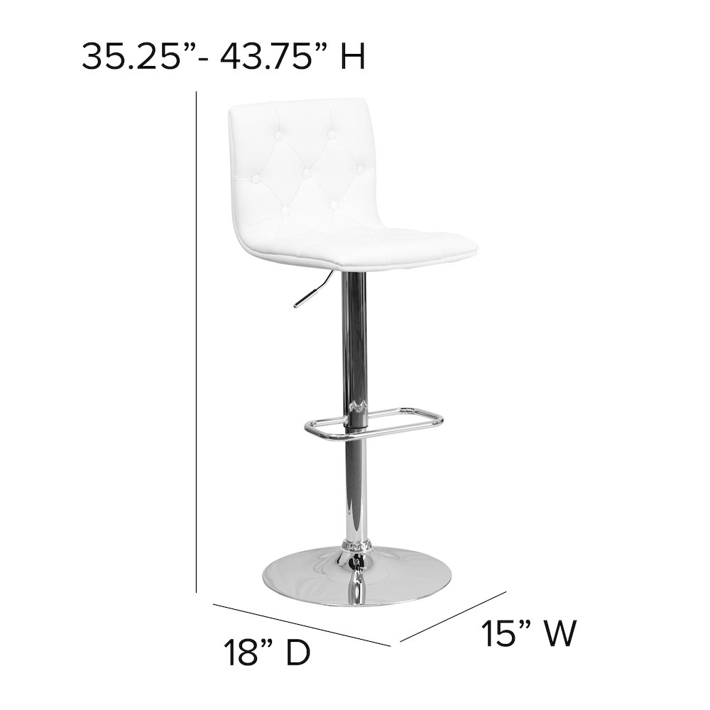 Button Tufted White Vinyl Adjustable Height Barstool with Chrome Base. Picture 6