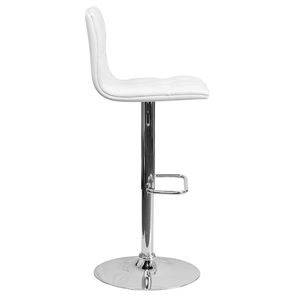 Button Tufted White Vinyl Adjustable Height Barstool with Chrome Base. Picture 9