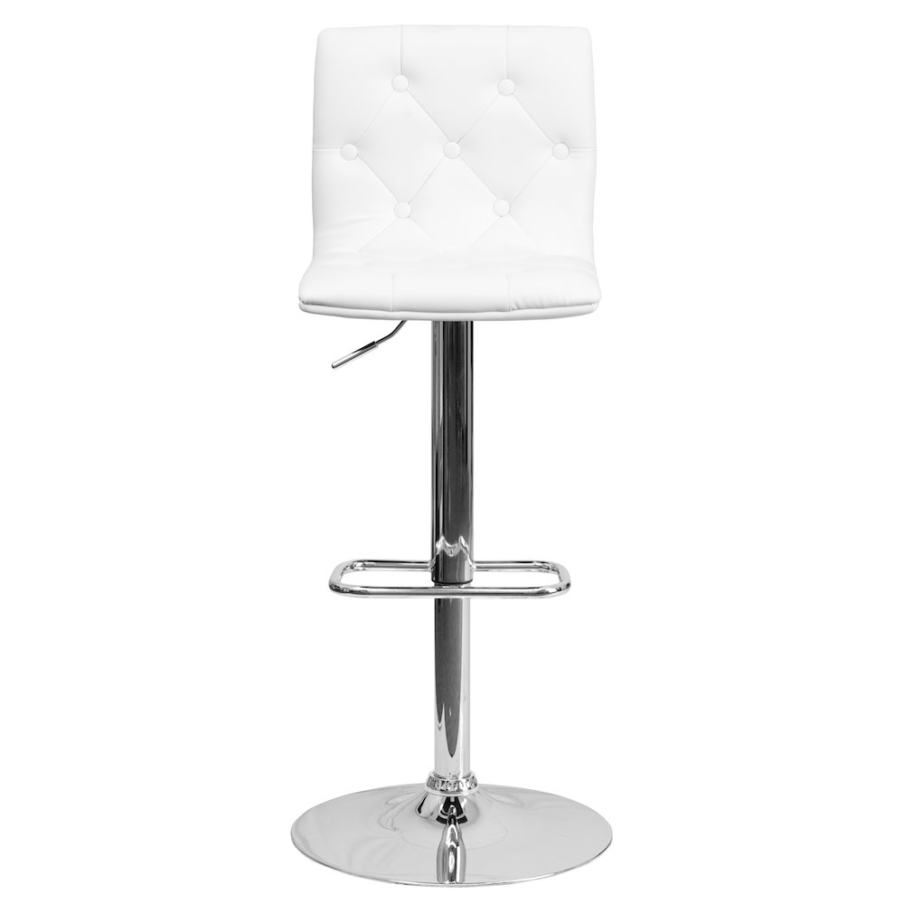 Button Tufted White Vinyl Adjustable Height Barstool with Chrome Base. Picture 10