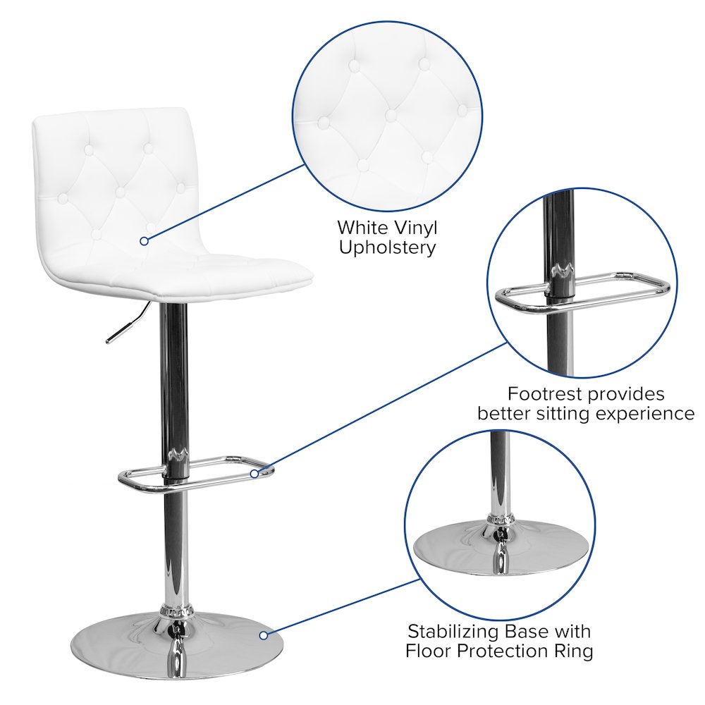 Button Tufted White Vinyl Adjustable Height Barstool with Chrome Base. Picture 5