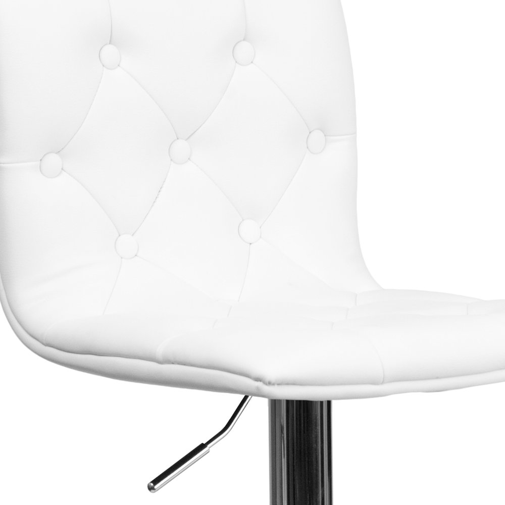 Button Tufted White Vinyl Adjustable Height Barstool with Chrome Base. Picture 8