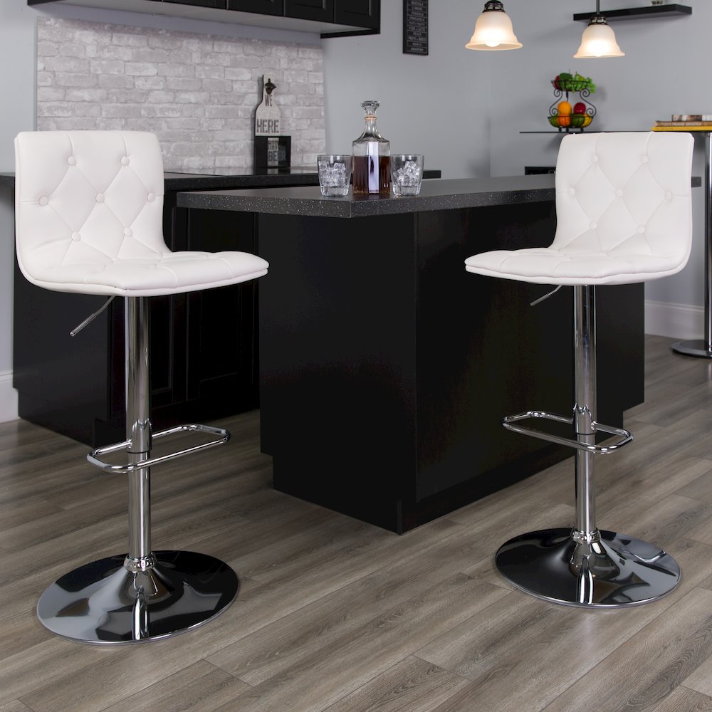 Button Tufted White Vinyl Adjustable Height Barstool with Chrome Base. Picture 2