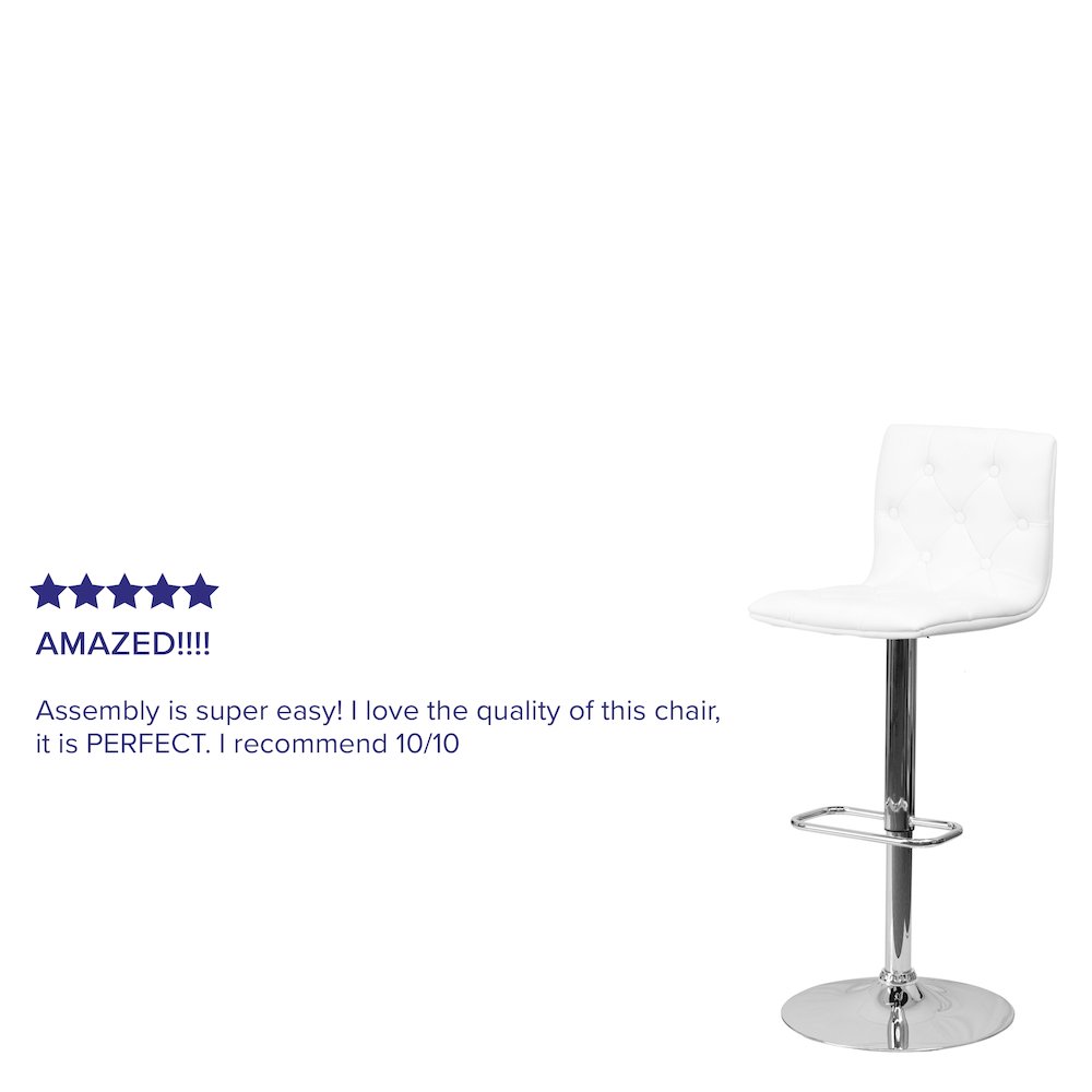 Button Tufted White Vinyl Adjustable Height Barstool with Chrome Base. Picture 4