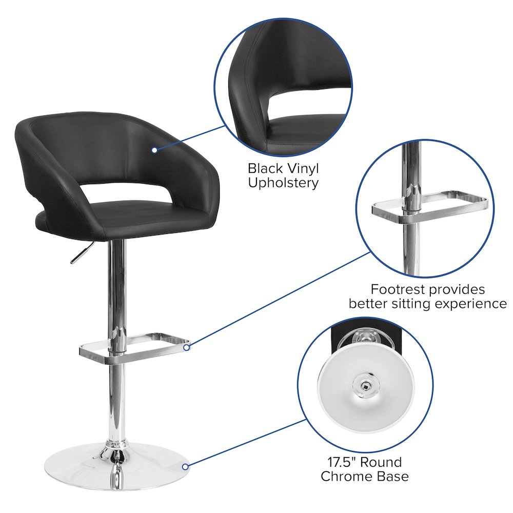 Contemporary Black Vinyl Adjustable Height Barstool with Rounded Mid-Back and Chrome Base. Picture 6