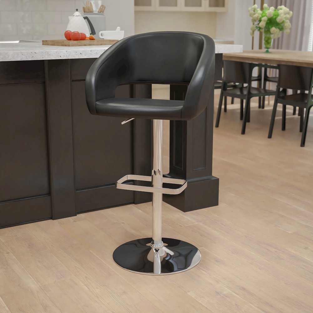 Contemporary Black Vinyl Adjustable Height Barstool with Rounded Mid-Back and Chrome Base. Picture 9