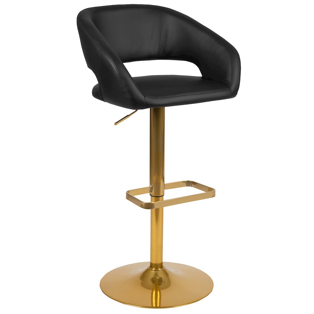 Black Vinyl Adjustable Height Barstool with Rounded Mid-Back and Gold Base. Picture 1