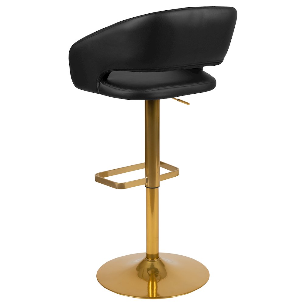 Black Vinyl Adjustable Height Barstool with Rounded Mid-Back and Gold Base. Picture 6