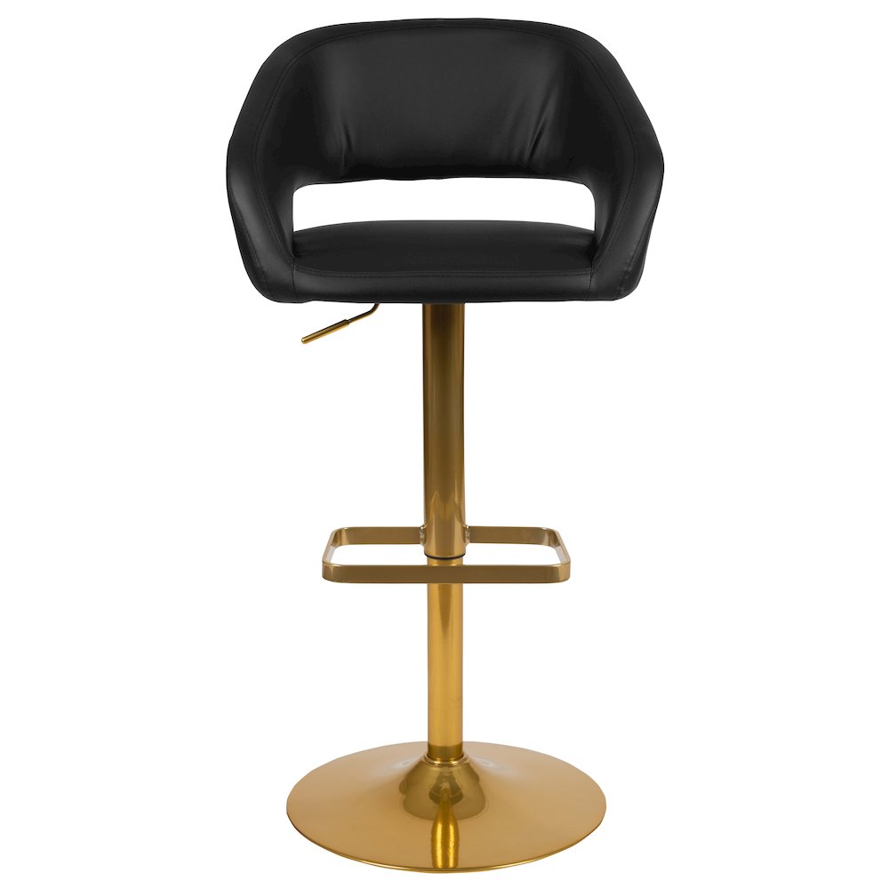 Black Vinyl Adjustable Height Barstool with Rounded Mid-Back and Gold Base. Picture 9