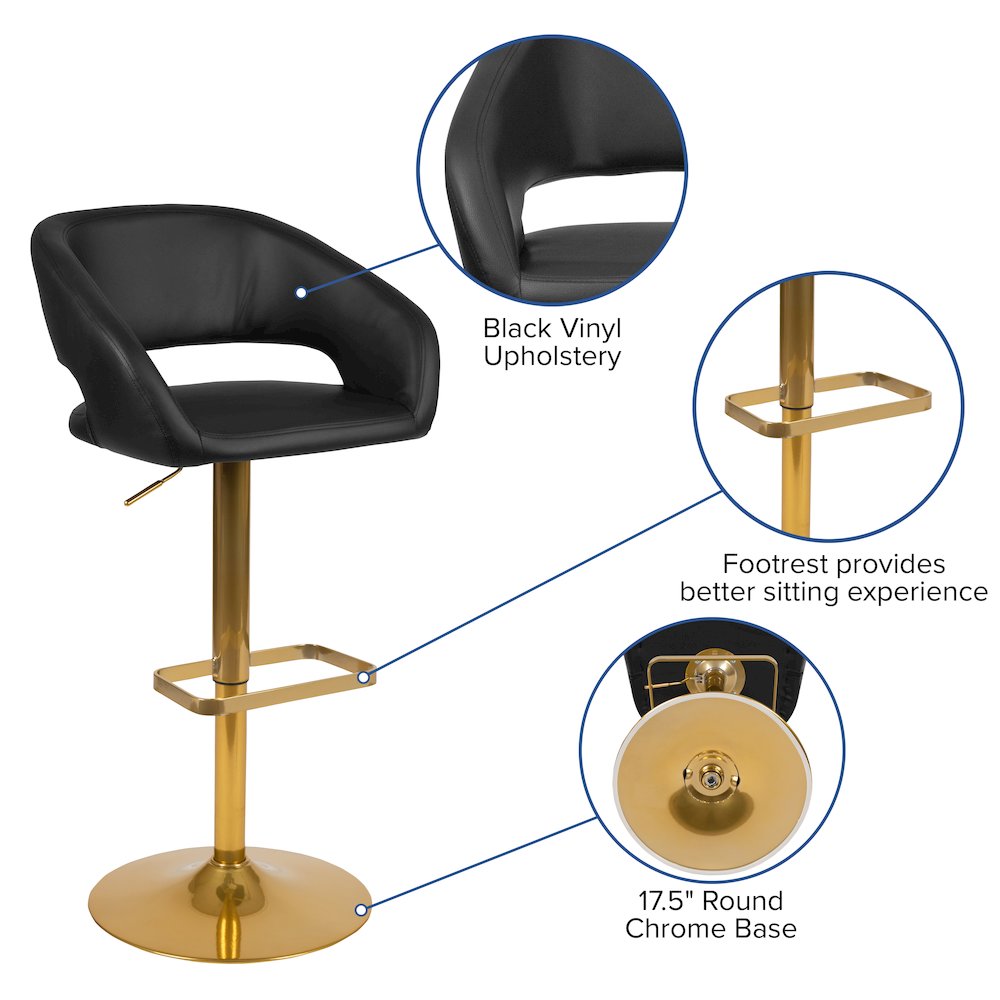 Black Vinyl Adjustable Height Barstool with Rounded Mid-Back and Gold Base. Picture 4