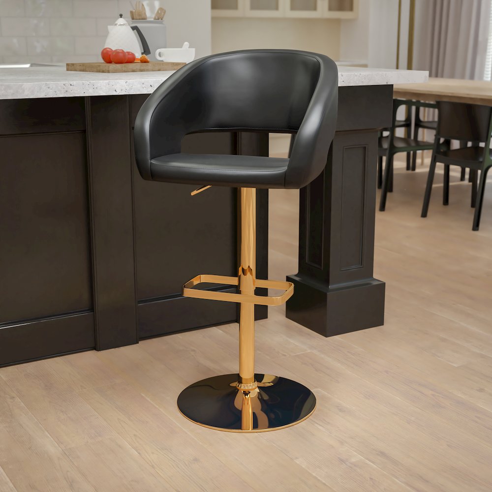 Black Vinyl Adjustable Height Barstool with Rounded Mid-Back and Gold Base. Picture 2
