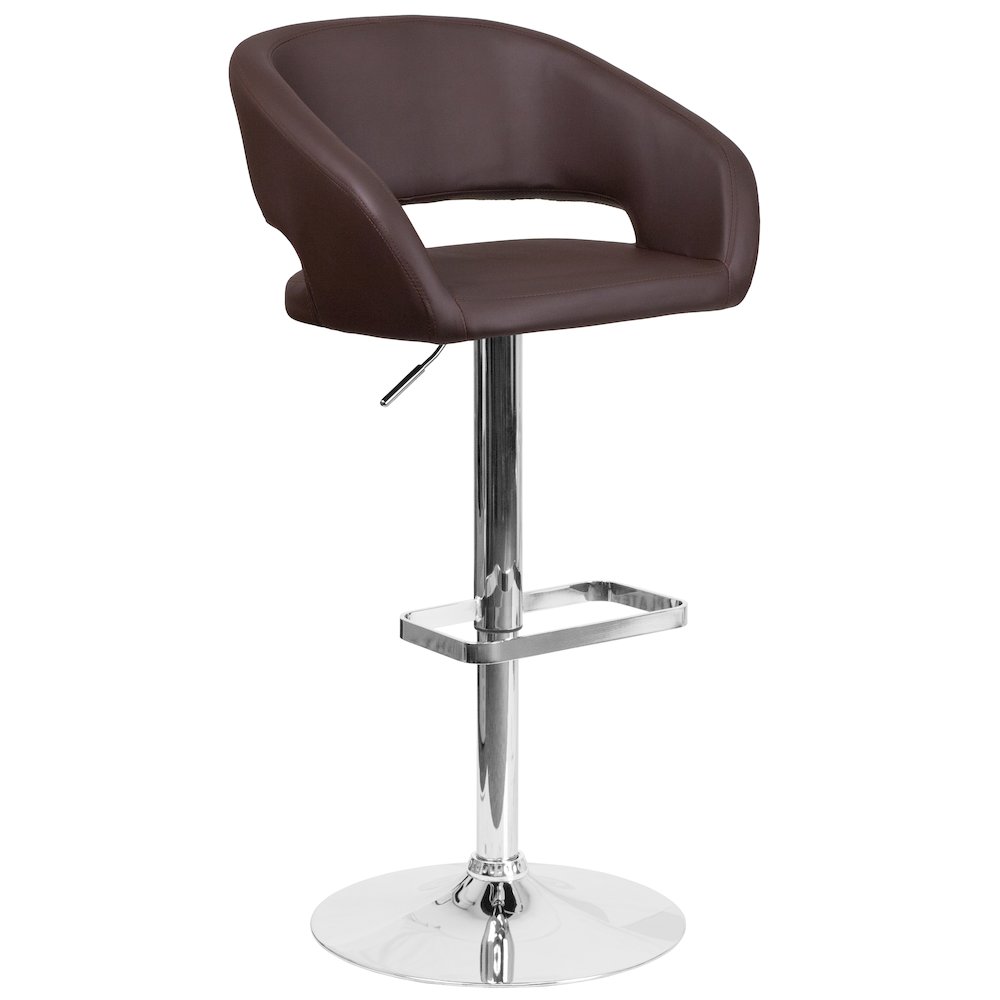 Brown Vinyl Adjustable Height Barstool with Rounded Mid-Back and Chrome Base. Picture 1