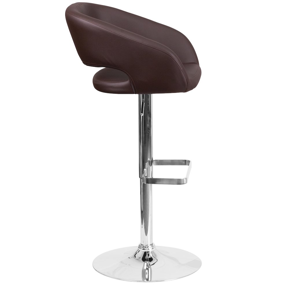 Brown Vinyl Adjustable Height Barstool with Rounded Mid-Back and Chrome Base. Picture 9