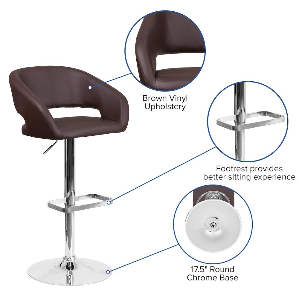 Brown Vinyl Adjustable Height Barstool with Rounded Mid-Back and Chrome Base. Picture 5