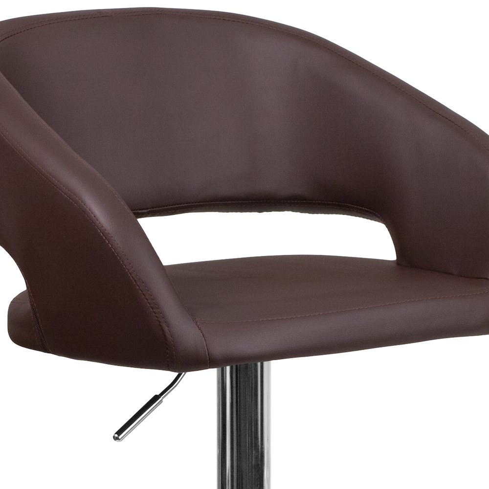 Brown Vinyl Adjustable Height Barstool with Rounded Mid-Back and Chrome Base. Picture 8