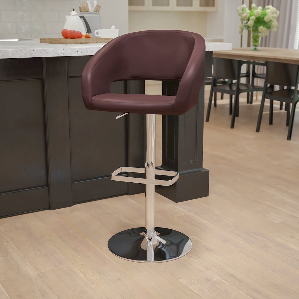 Brown Vinyl Adjustable Height Barstool with Rounded Mid-Back and Chrome Base. Picture 2