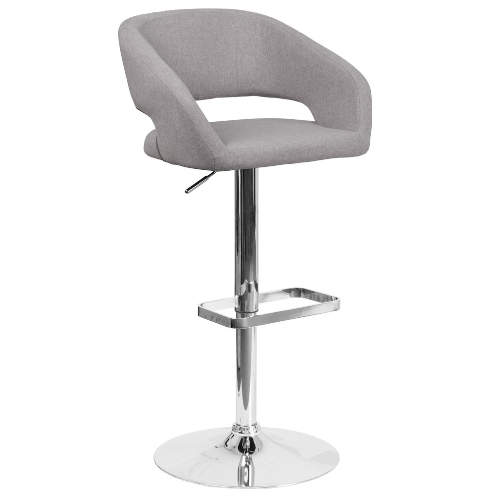 Gray Fabric Adjustable Height Barstool with Rounded Mid-Back and Chrome Base. Picture 1