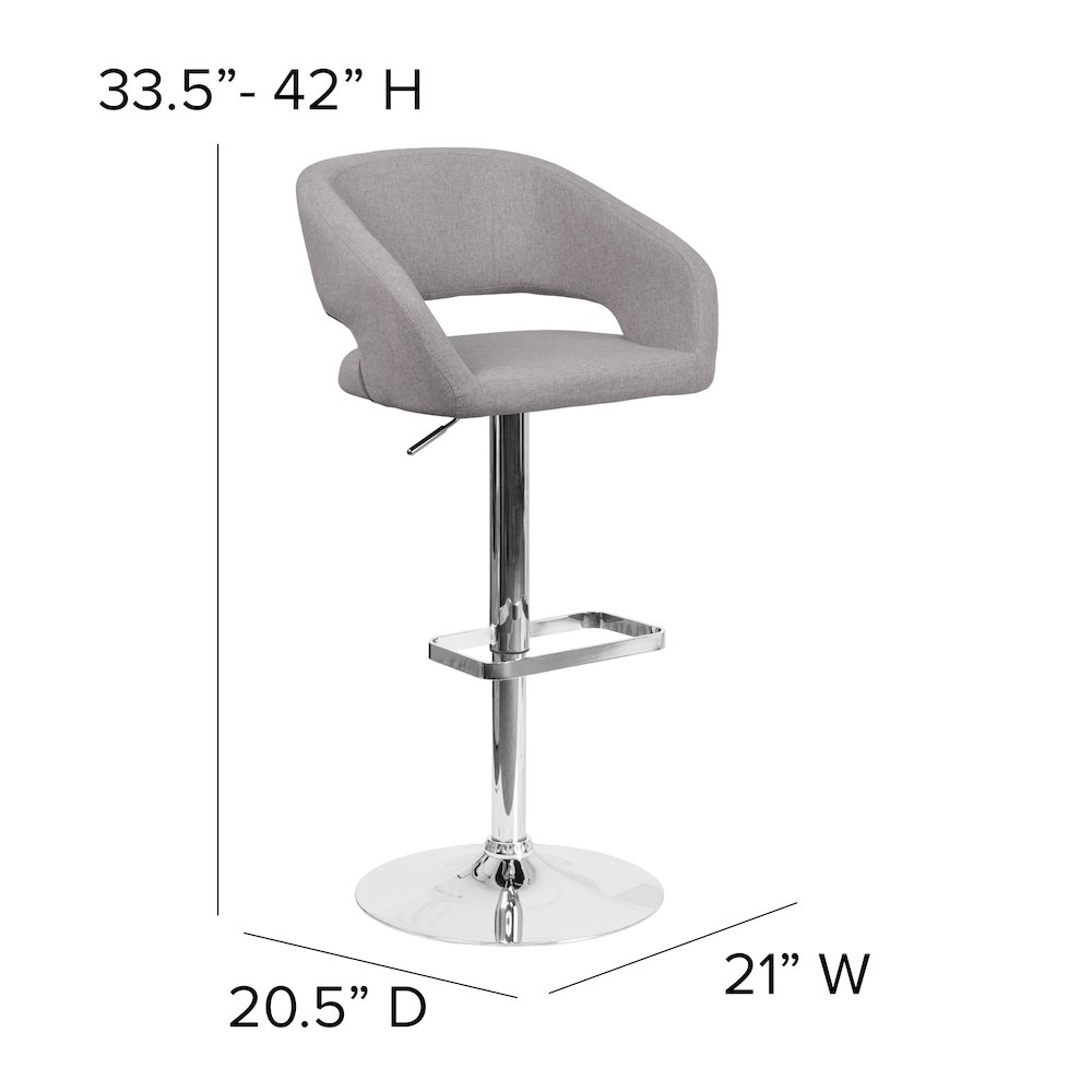 Gray Fabric Adjustable Height Barstool with Rounded Mid-Back and Chrome Base. Picture 6