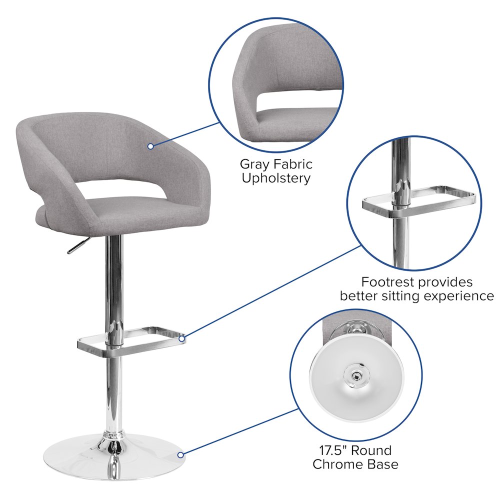 Gray Fabric Adjustable Height Barstool with Rounded Mid-Back and Chrome Base. Picture 5