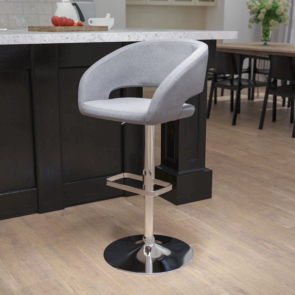 Gray Fabric Adjustable Height Barstool with Rounded Mid-Back and Chrome Base. Picture 2