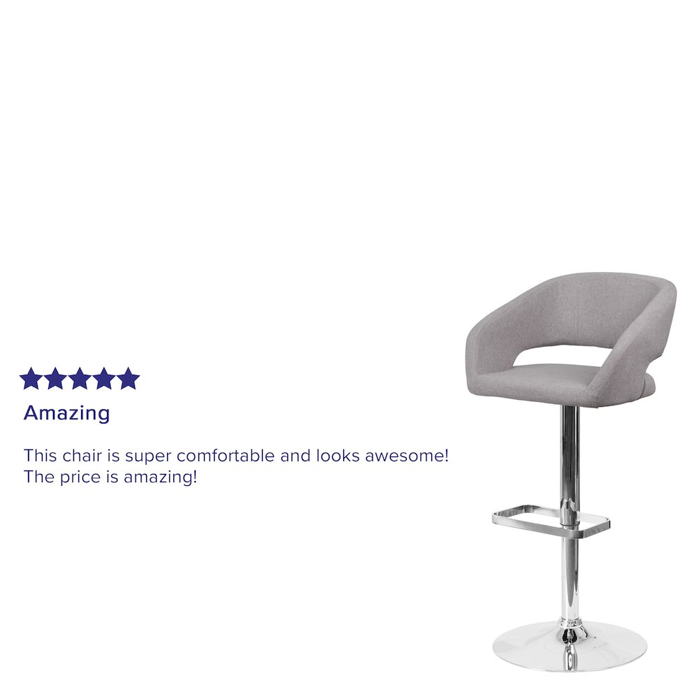 Gray Fabric Adjustable Height Barstool with Rounded Mid-Back and Chrome Base. Picture 4