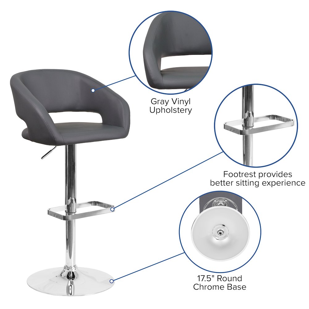 Contemporary Gray Vinyl Adjustable Height Barstool with Rounded Mid-Back and Chrome Base. Picture 6
