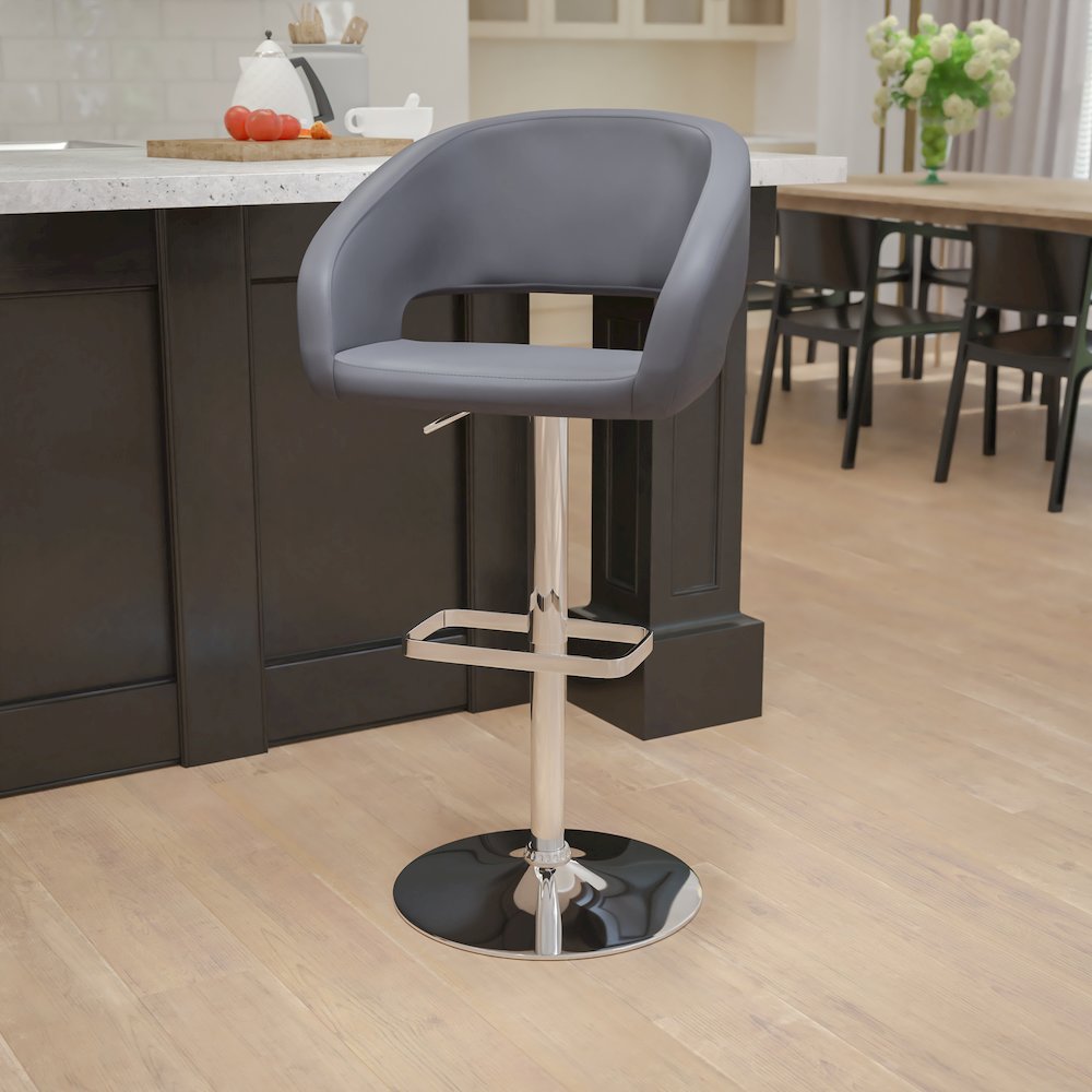 Contemporary Gray Vinyl Adjustable Height Barstool with Rounded Mid-Back and Chrome Base. Picture 9