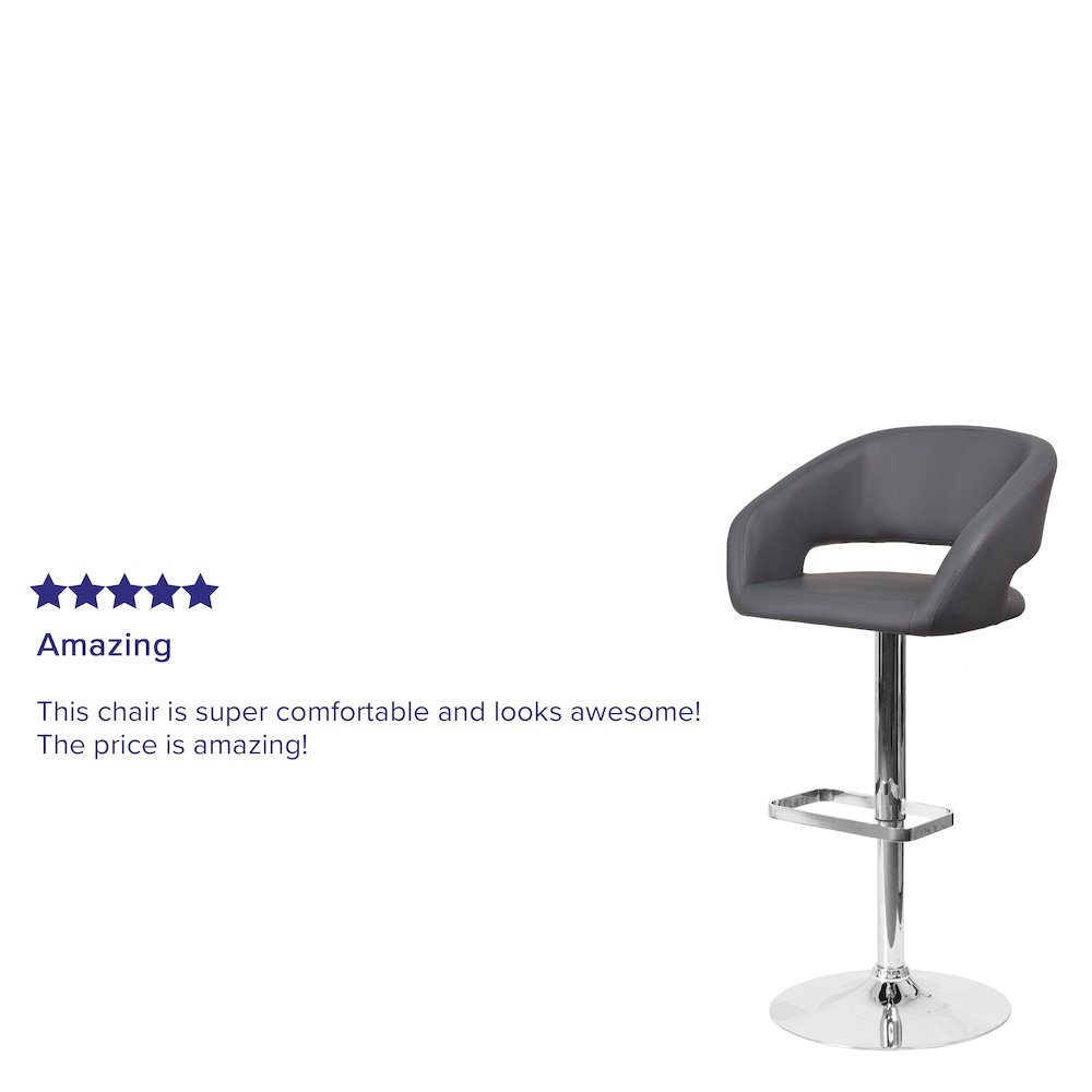 Contemporary Gray Vinyl Adjustable Height Barstool with Rounded Mid-Back and Chrome Base. Picture 10