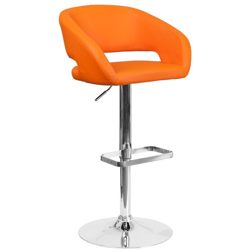Orange Vinyl Adjustable Height Barstool with Rounded Mid-Back and Chrome Base. Picture 1