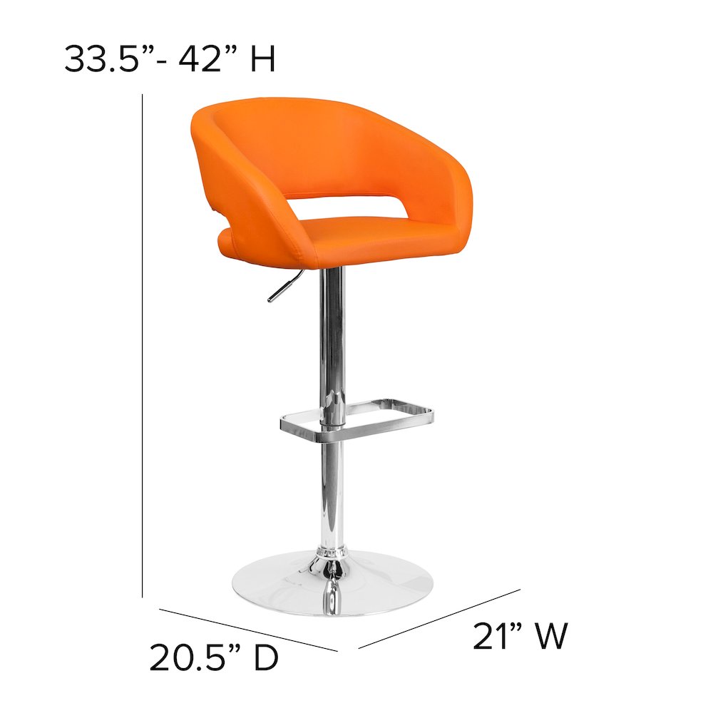 Orange Vinyl Adjustable Height Barstool with Rounded Mid-Back and Chrome Base. Picture 6