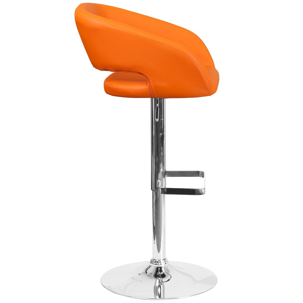 Orange Vinyl Adjustable Height Barstool with Rounded Mid-Back and Chrome Base. Picture 9
