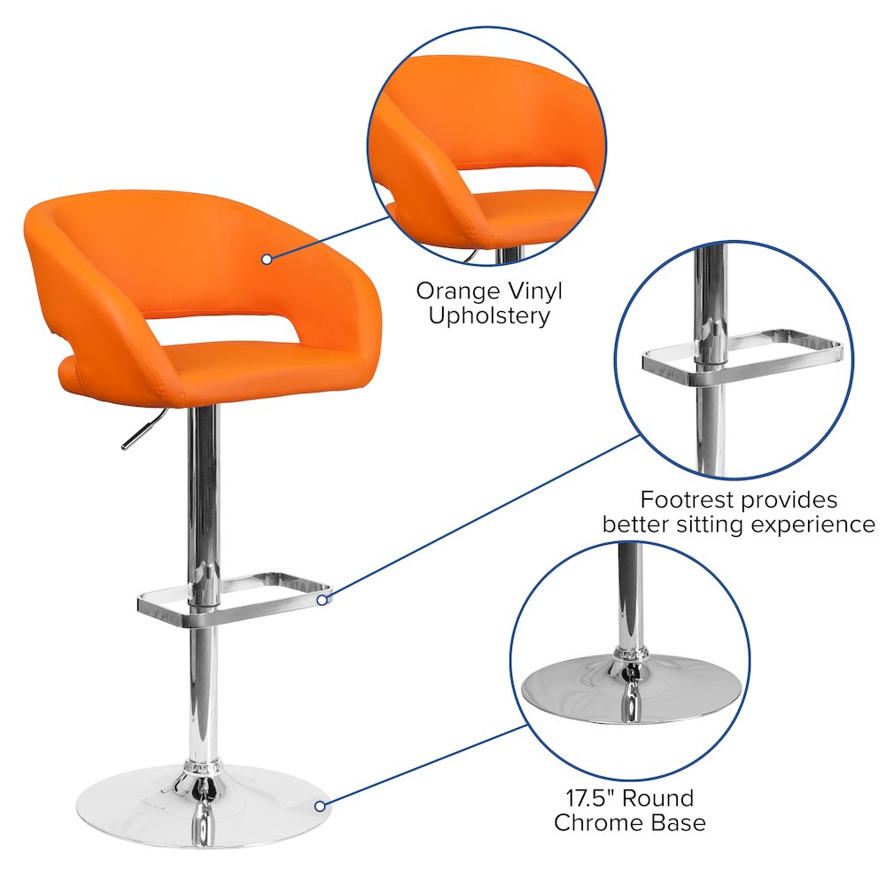 Orange Vinyl Adjustable Height Barstool with Rounded Mid-Back and Chrome Base. Picture 5