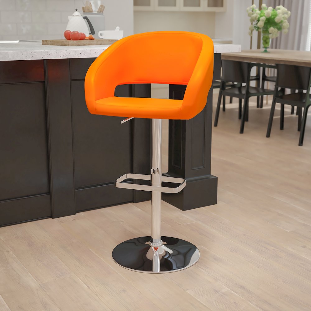 Orange Vinyl Adjustable Height Barstool with Rounded Mid-Back and Chrome Base. Picture 2