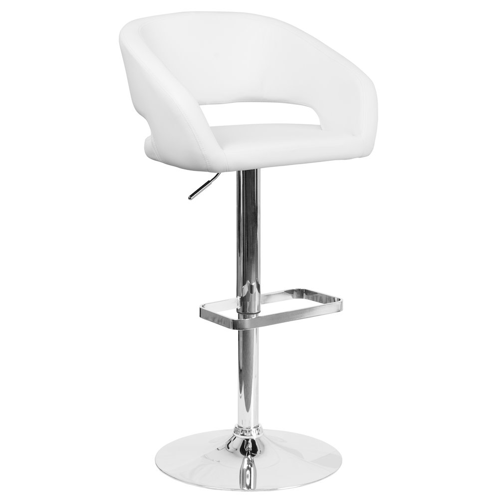 Contemporary White Vinyl Adjustable Height Barstool with Rounded Mid-Back and Chrome Base. Picture 1