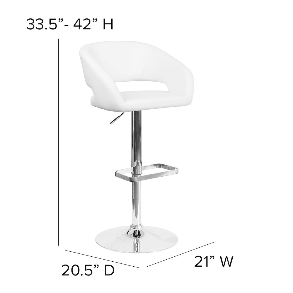 Contemporary White Vinyl Adjustable Height Barstool with Rounded Mid-Back and Chrome Base. Picture 2