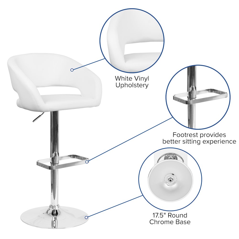 Contemporary White Vinyl Adjustable Height Barstool with Rounded Mid-Back and Chrome Base. Picture 6