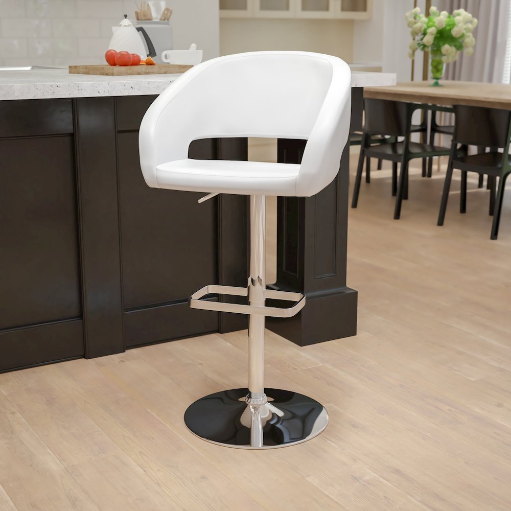 Contemporary White Vinyl Adjustable Height Barstool with Rounded Mid-Back and Chrome Base. Picture 9