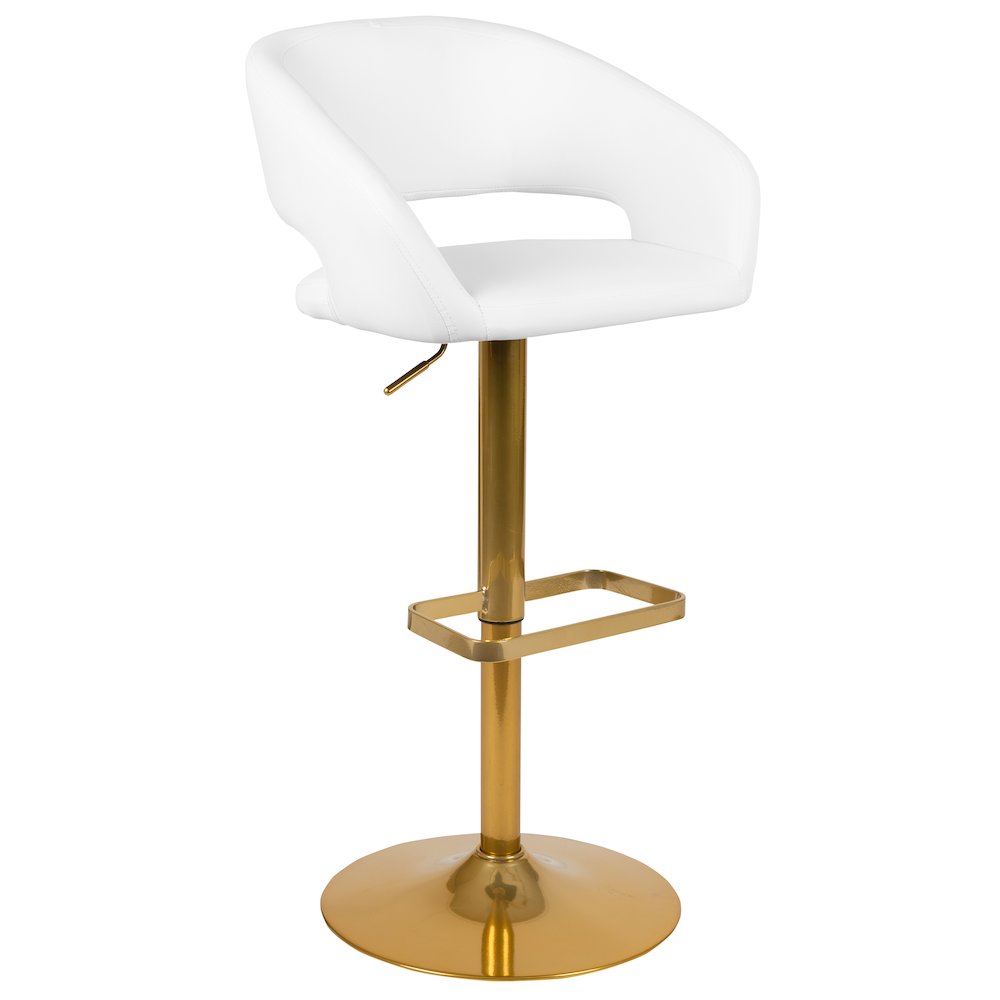 White Vinyl Adjustable Height Barstool with Rounded Mid-Back and Gold Base. Picture 1