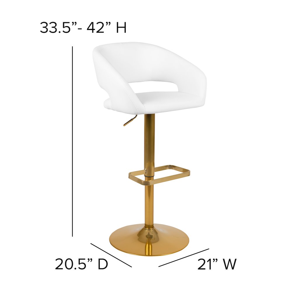 White Vinyl Adjustable Height Barstool with Rounded Mid-Back and Gold Base. Picture 5