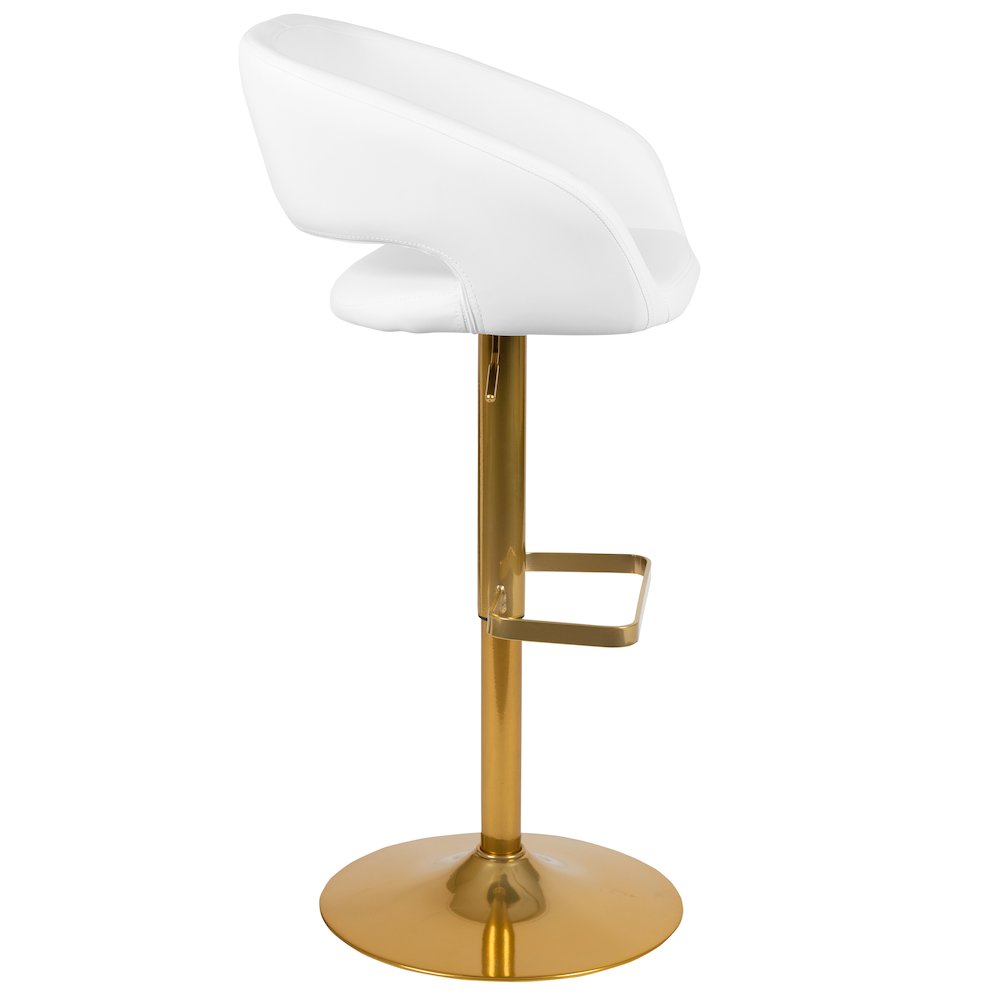 White Vinyl Adjustable Height Barstool with Rounded Mid-Back and Gold Base. Picture 8