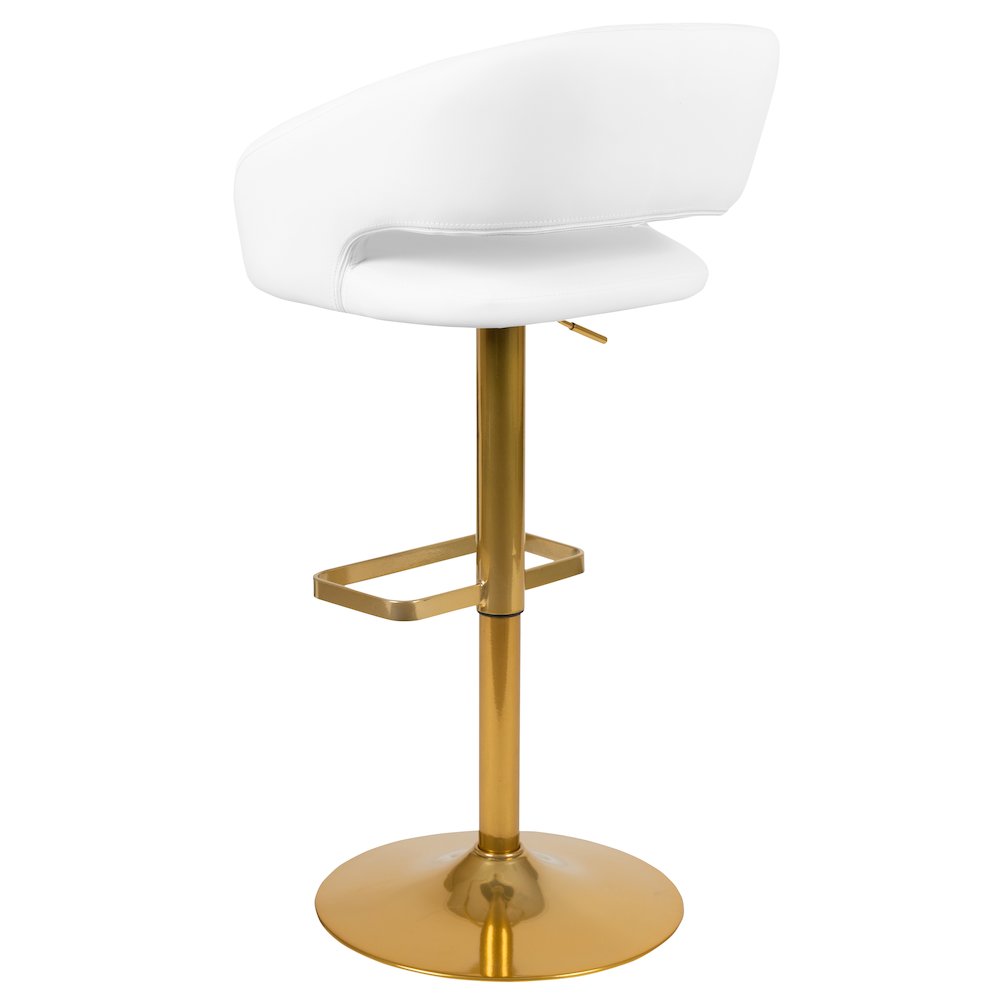White Vinyl Adjustable Height Barstool with Rounded Mid-Back and Gold Base. Picture 6