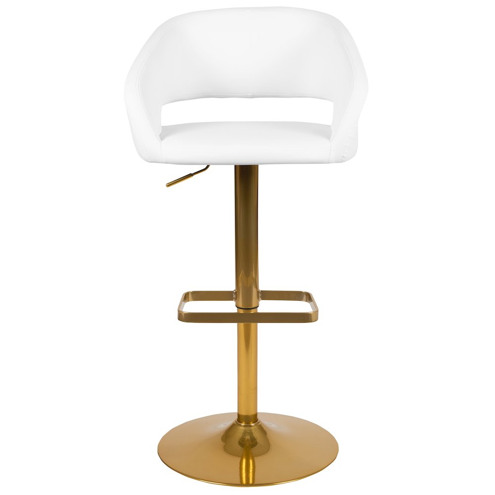 White Vinyl Adjustable Height Barstool with Rounded Mid-Back and Gold Base. Picture 9